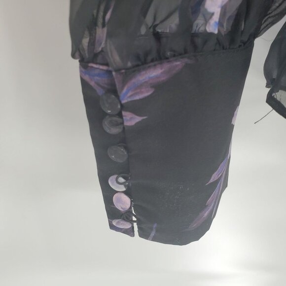 TOBI Womens Sheer Floral Ruffle Blouse Sz L Black Purple Long Sleeve Bohemian - Picture 4 of 12